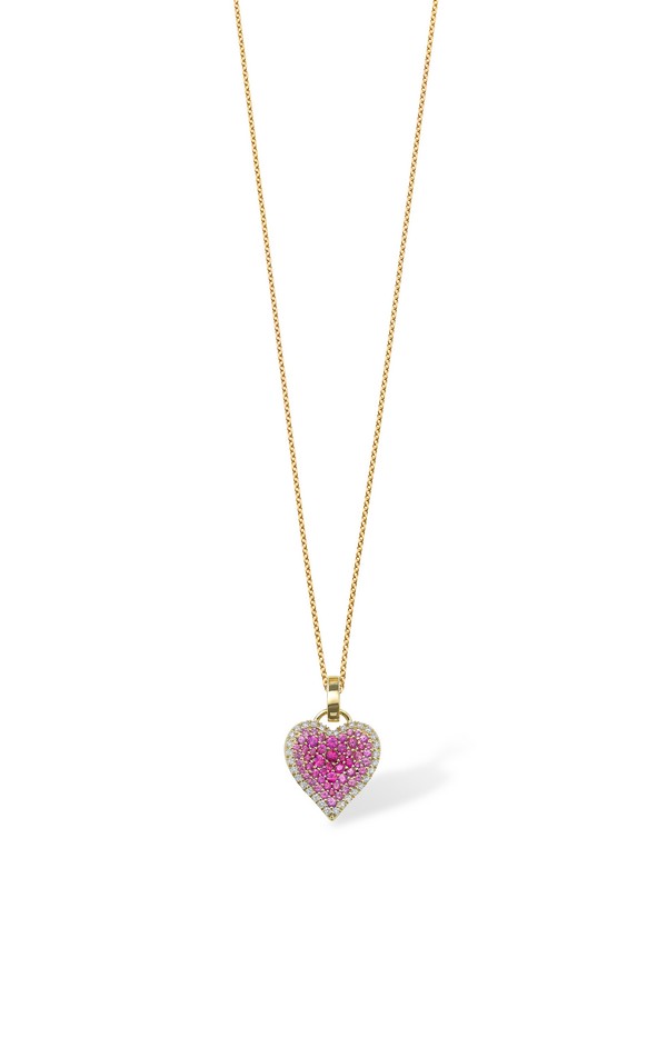 Ciondolo a cuore Fortune, realizzato in oro giallo 14kt e impreziosito da diamanti e zaffiri rosa di Robinson Pelham