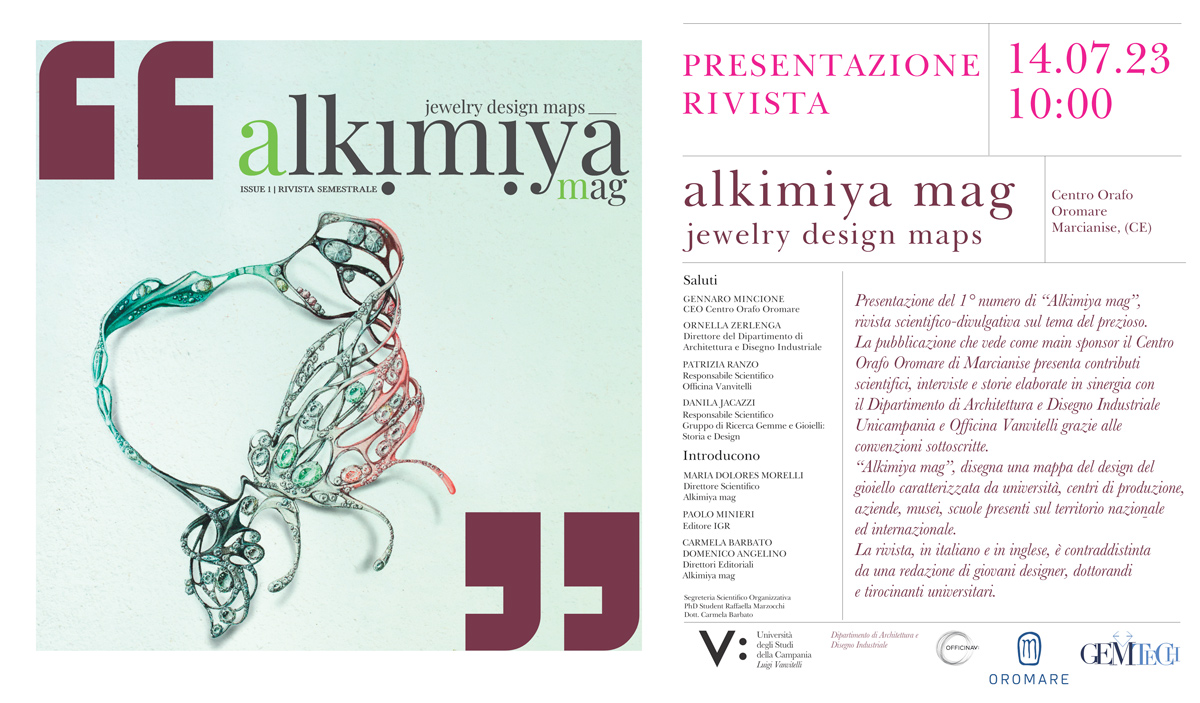 Locandina della presentazione del numero 1 di Alkimiya Mag, il 14 luglio 2023 presso il Centro Orafo Oromare.