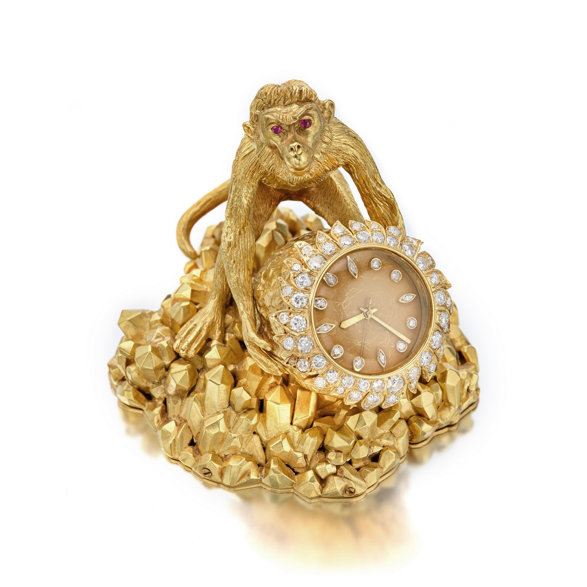 Orologio da tavolo di David Webb in oro, rubini e diamanti.