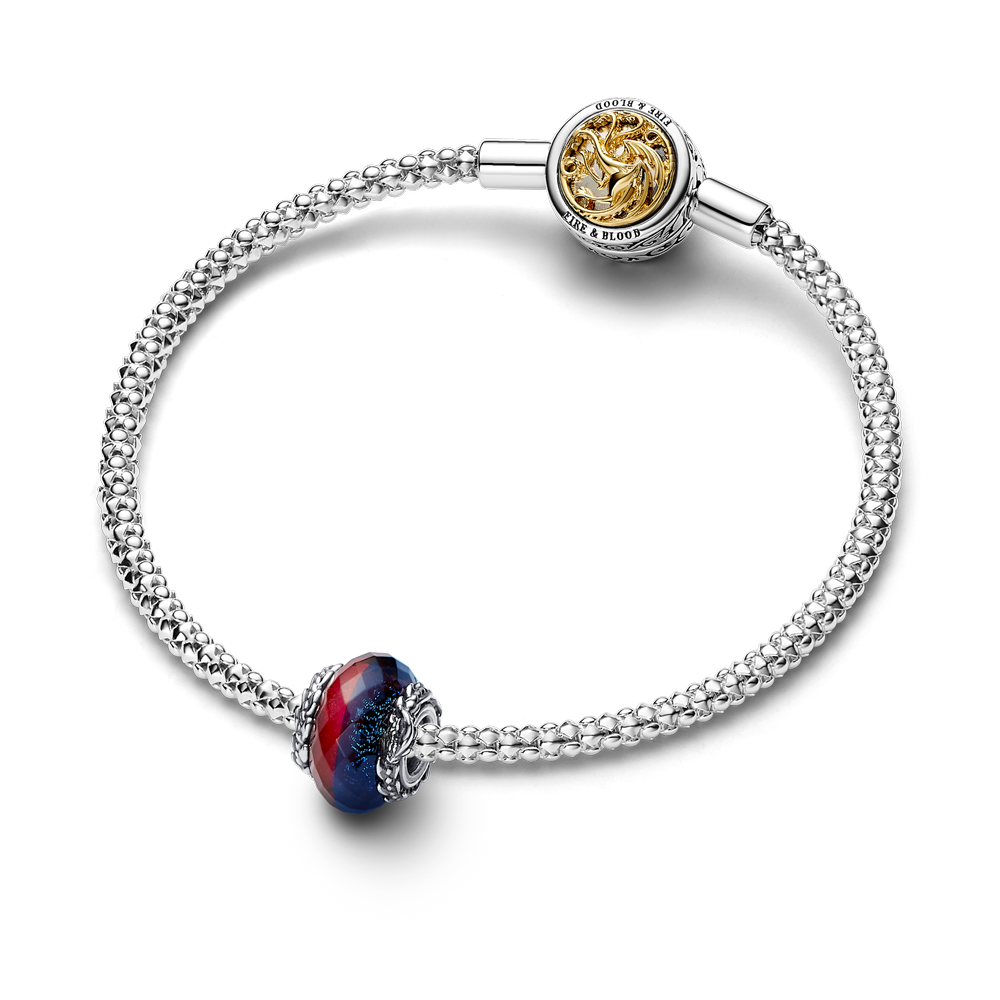 Bracciale con Chiusura Stemma Casata e Charm Vetro di Murano Ghiaccio e Fuoco pandora