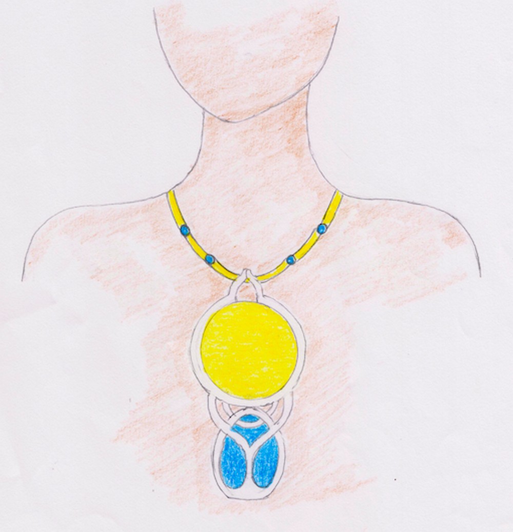 “Scarabeo Splendente”, schizzo di collana con scarabeo stilizzato in oro giallo, oro bianco e turchese, realizzato da Steve Antonio Cavazza della Scuola Media “Ungaretti” di Costabissara (VI). (Photo Courtesy of LabiGem)