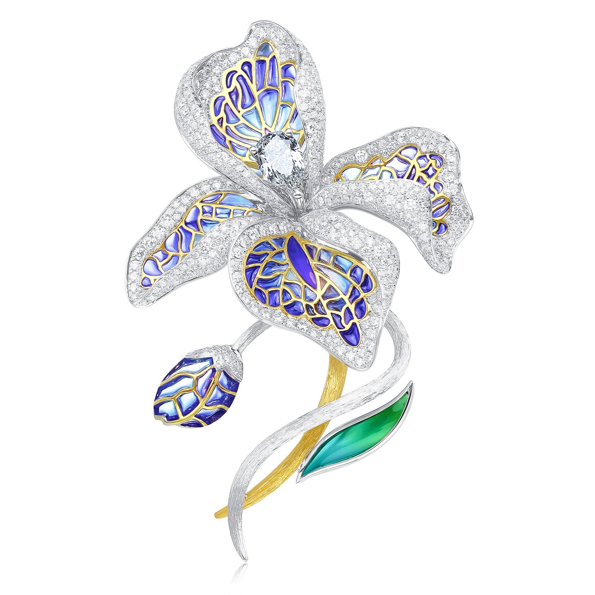 Spilla a forma di iris con diamanti e smalto.