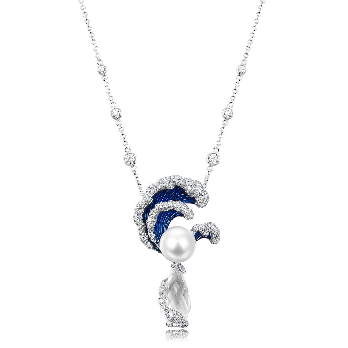 Collana con pendente con perla bianca australiana, cristallo e diamanti.