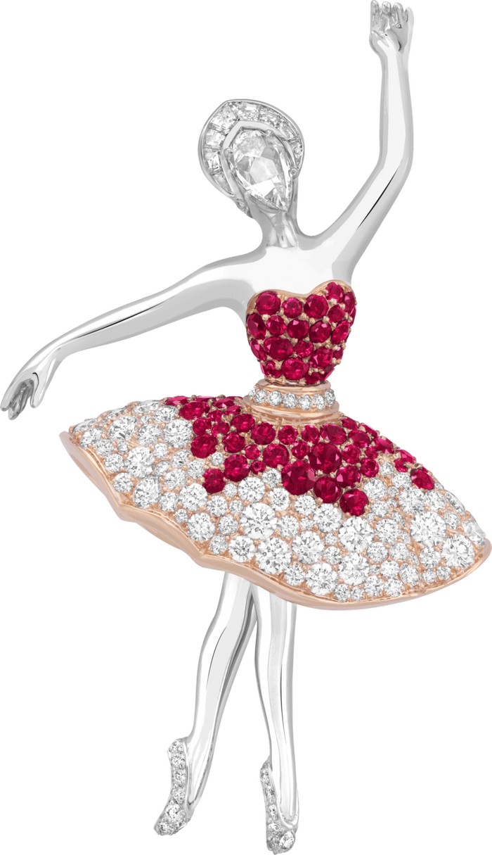 Clip ballerina “Albertine”. Oro bianco, oro rosa, rubini, diamanti.