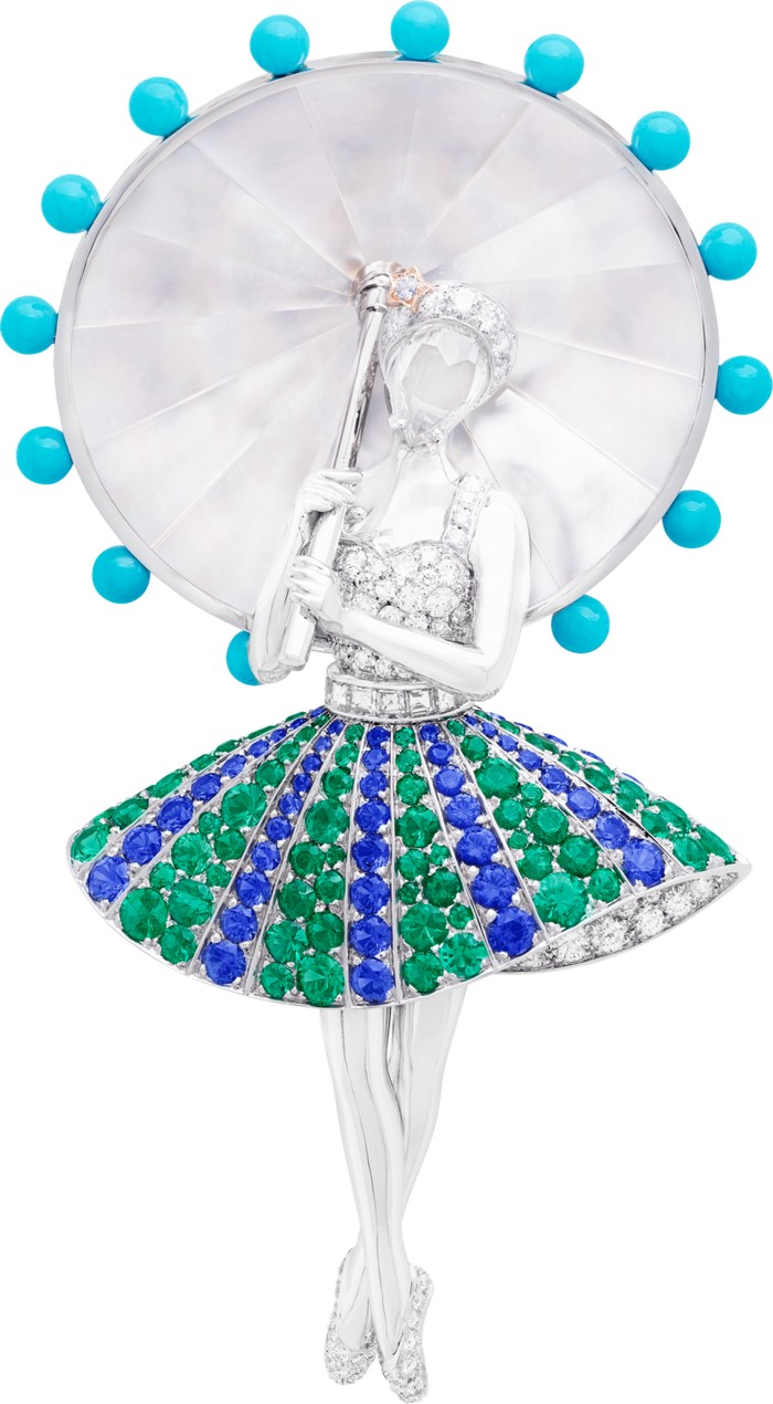 Clip ballerina “Demoiselle à l’Ombrelle”. Oro bianco, oro rosa, smeraldi, zaffiri blu e malva, madreperla bianca, turchese, diamanti.