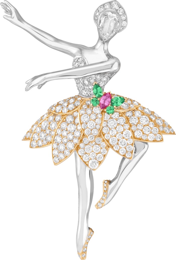 Clip ballerina “Sylvie”. Oro bianco, oro giallo, granati tsavorite, zaffiro rosa, diamanti.