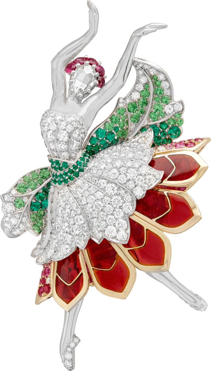 Clip ballerina “Cereusa”. Oro bianco, oro giallo, zaffiri rosa, smeraldi, rubini, granati tsavorite, smalto rosso, diamanti.