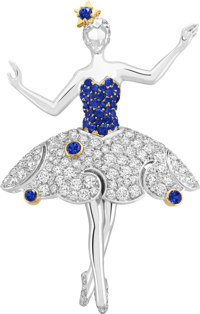 Clip ballerina “Téthys”. Oro bianco, oro giallo, zaffiri, diamanti.