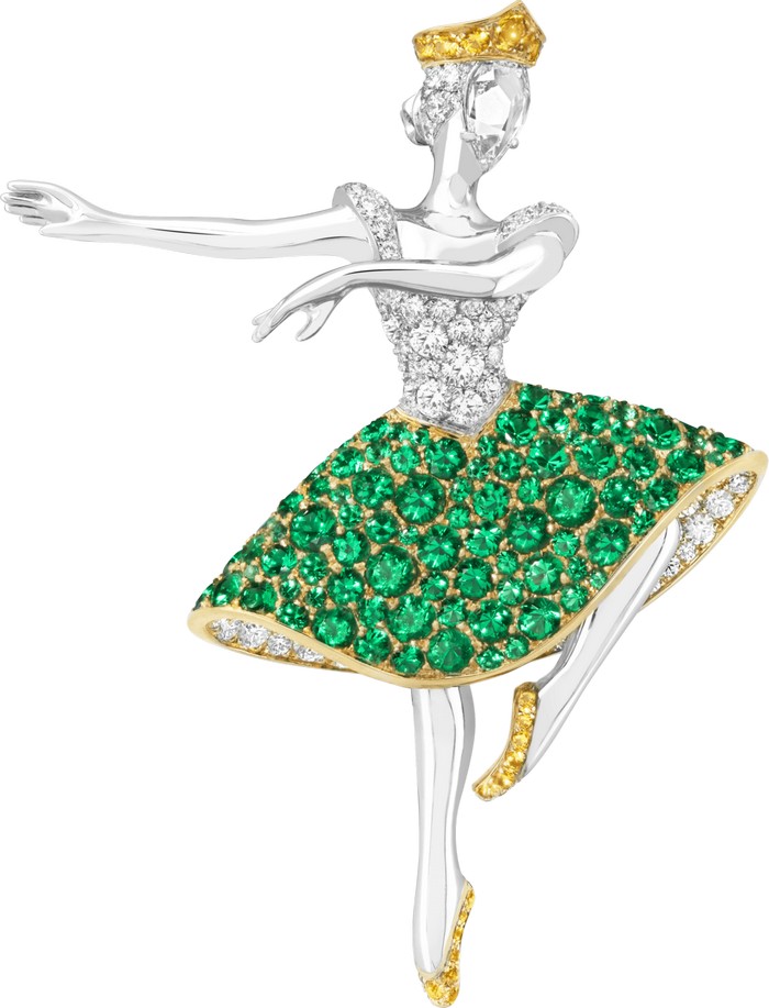Clip ballerina “Camille”. Oro bianco, oro giallo, smeraldi, zaffiri gialli, diamanti.