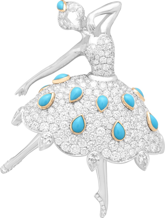 Clip ballerina “Mayline”. Oro bianco, oro giallo, turchese, diamanti.