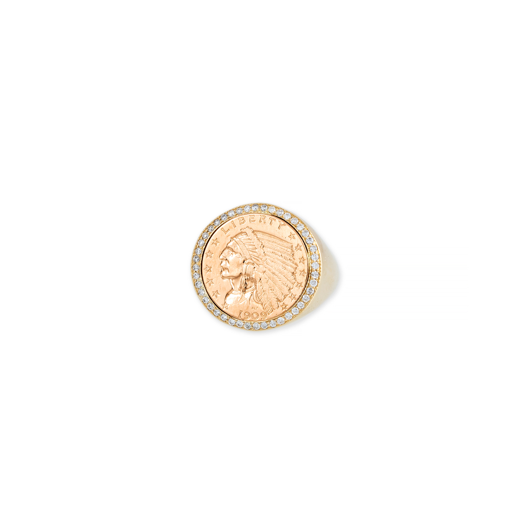 Anello-sigillo da uomo in oro e diamanti con moneta. 