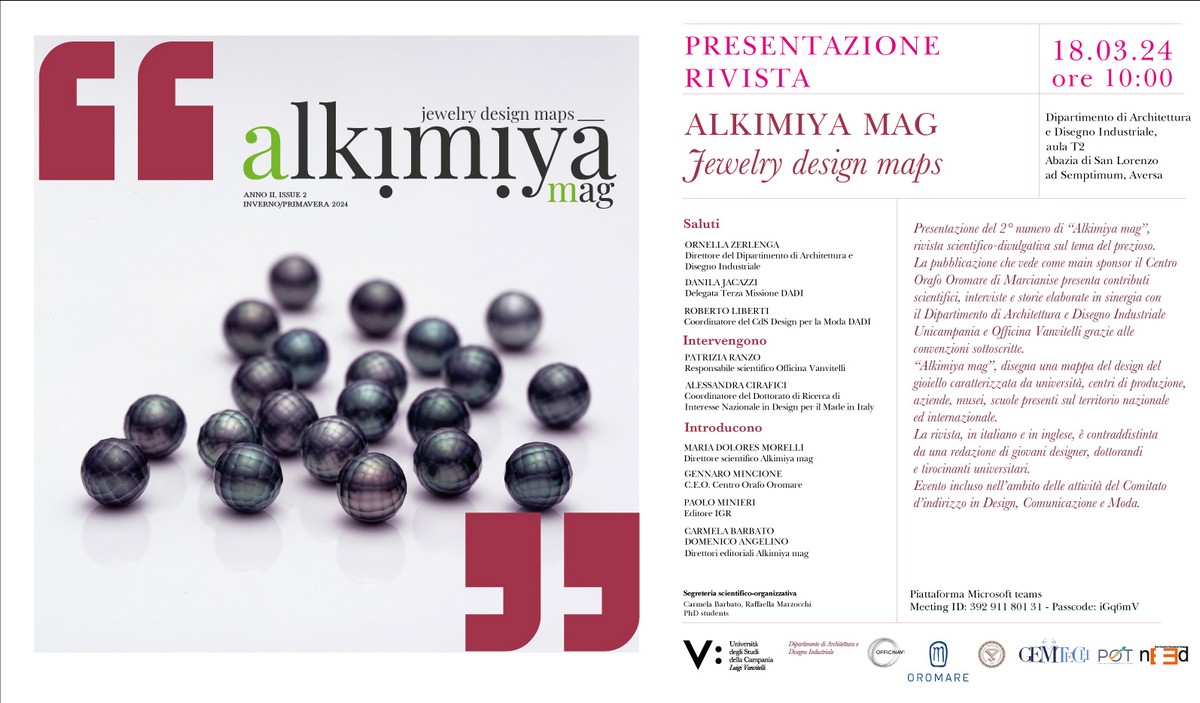 Locandina della presentazione del numero 2 di Alkimiya Mag, il 18 marzo 2024 presso il Dipartimento di Architettura e Disegno Industriale di Aversa.