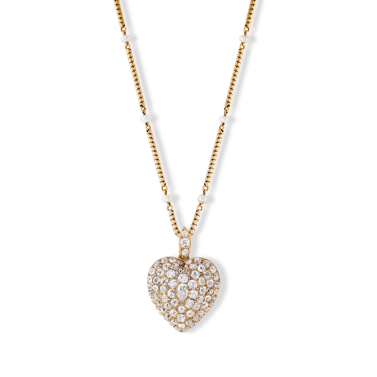 Collana di epoca vittoriana con ciondolo a cuore con diamanti, perle naturali e catena in oro 18kt