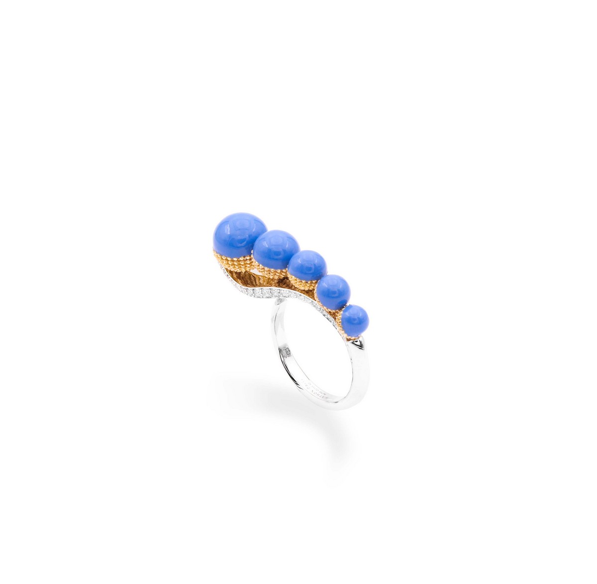 Anello “Reflex de Lune” di Mathon, realizzato in oro giallo e oro bianco 18kt con diamanti e sfere in lacca blu e oro giallo