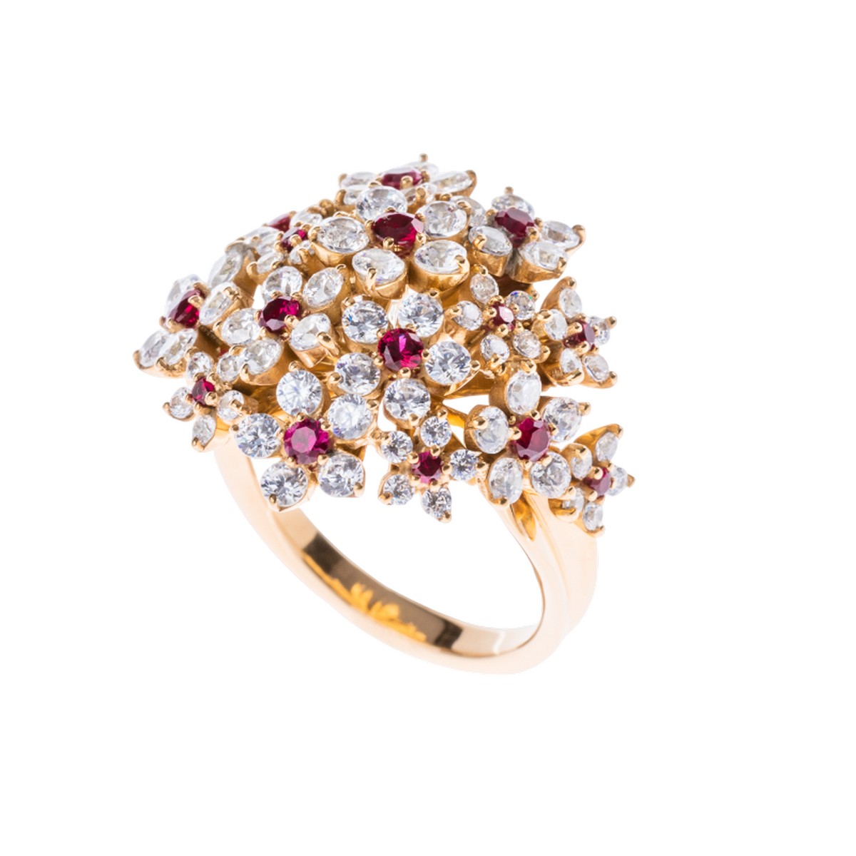 Anello “Ostara” di Mariusse & Bonnet in oro rosa 18kt, diamanti e rubini