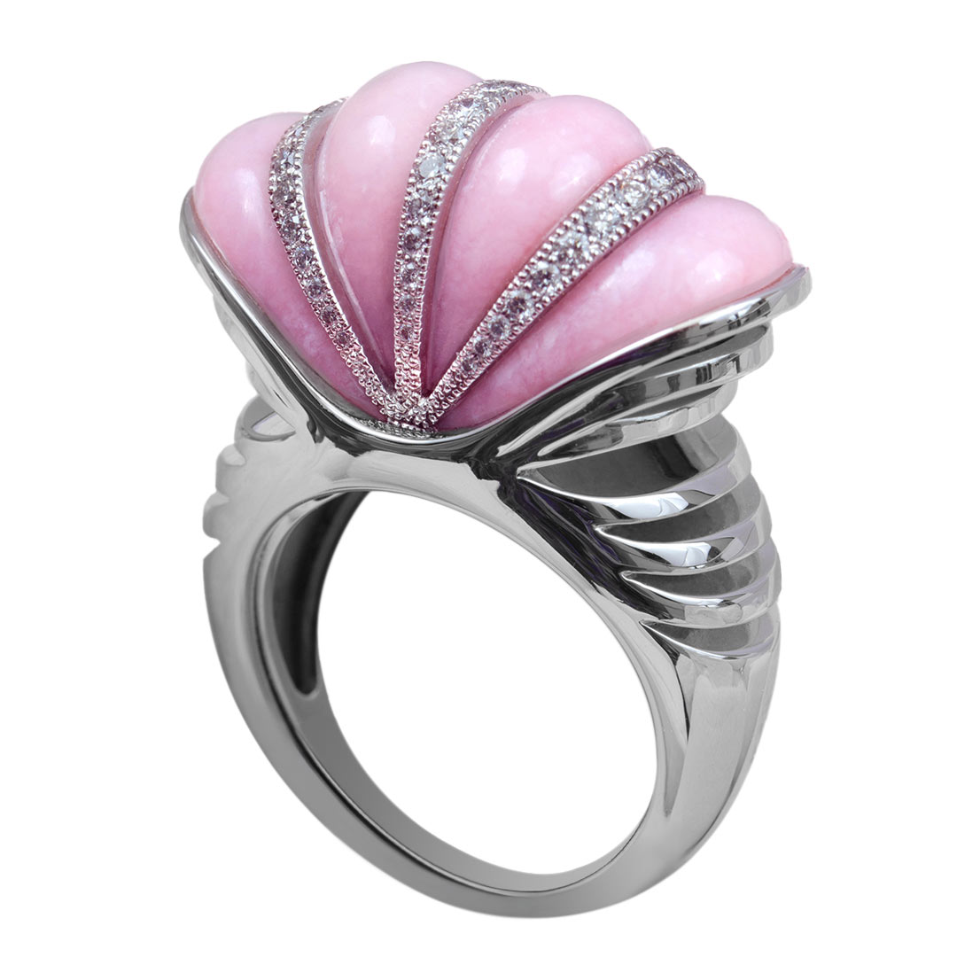 Anello “La Collerette” di Daymard in oro bianco 18kt placcato palladio con opale rosa e diamanti