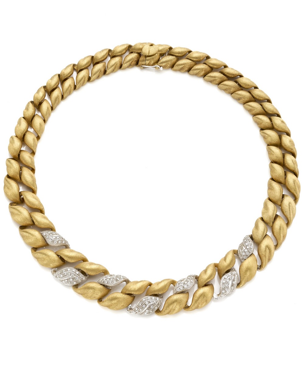 Collier a foglie satinate a scalare Mario Buccellati in oro giallo e bianco rifinito con piccoli diamanti