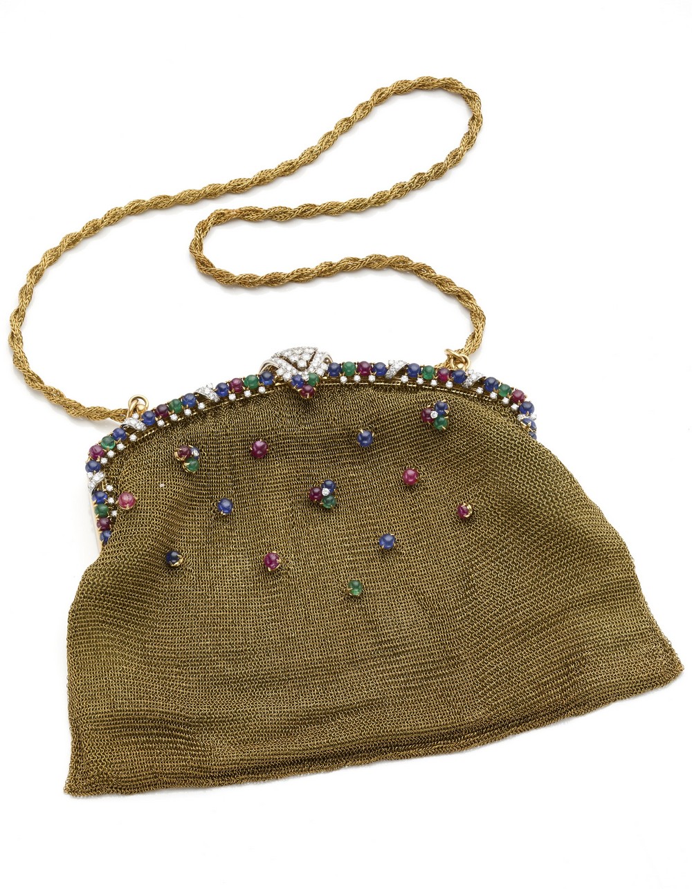 Borsina da sera a rete Bulgari in oro giallo con rubini, zaffiri, smeraldi cabochon e diamanti tondi (circa 9,10 carati complessivi), dettagli in oro bianco, interno in raso