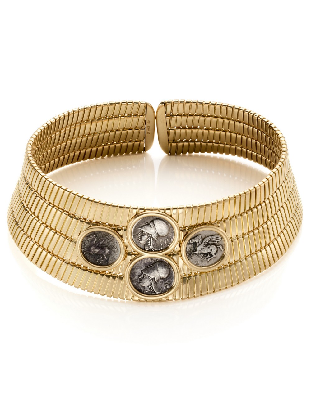 Collier de chien a tubogas Bulgari in oro giallo con quattro “Statere di Corinto”