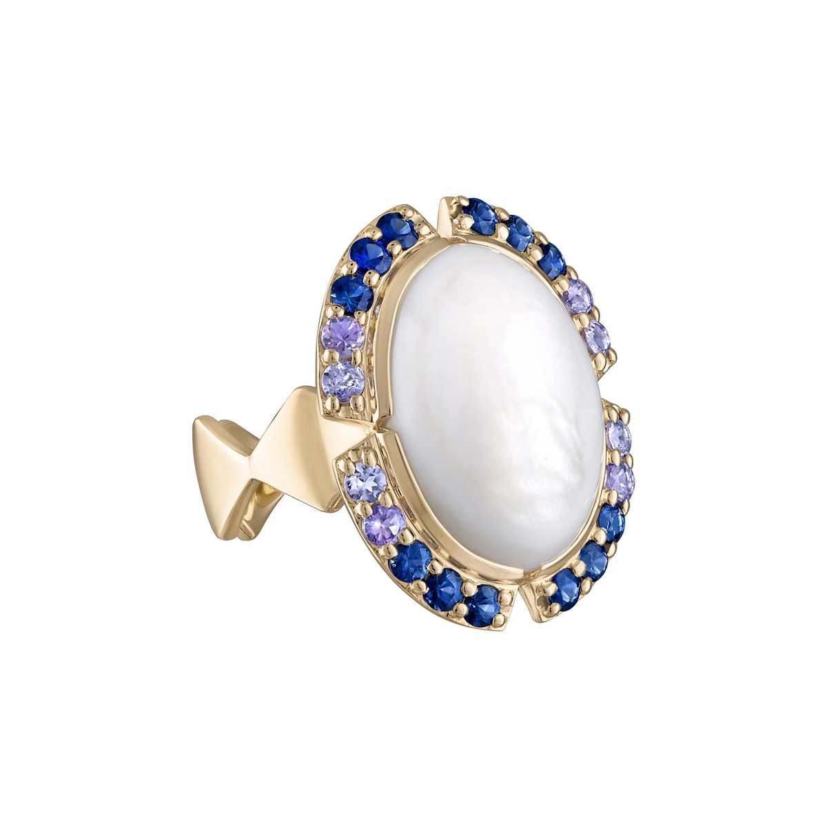 Anello cocktail “Cabochon Lucia”, in oro giallo 14k con cabochon centrale in madreperla e, a contorno, zaffiri blu e tanzaniti