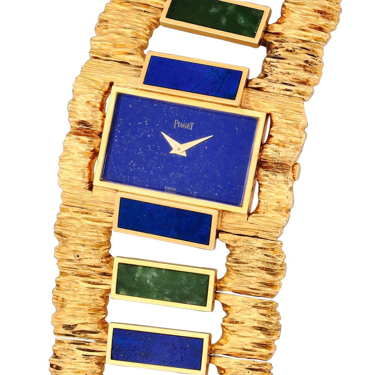 Un orologio Piaget con bracciale in oro giallo 18k, lapislazzuli e giada, con chiusura a maglie