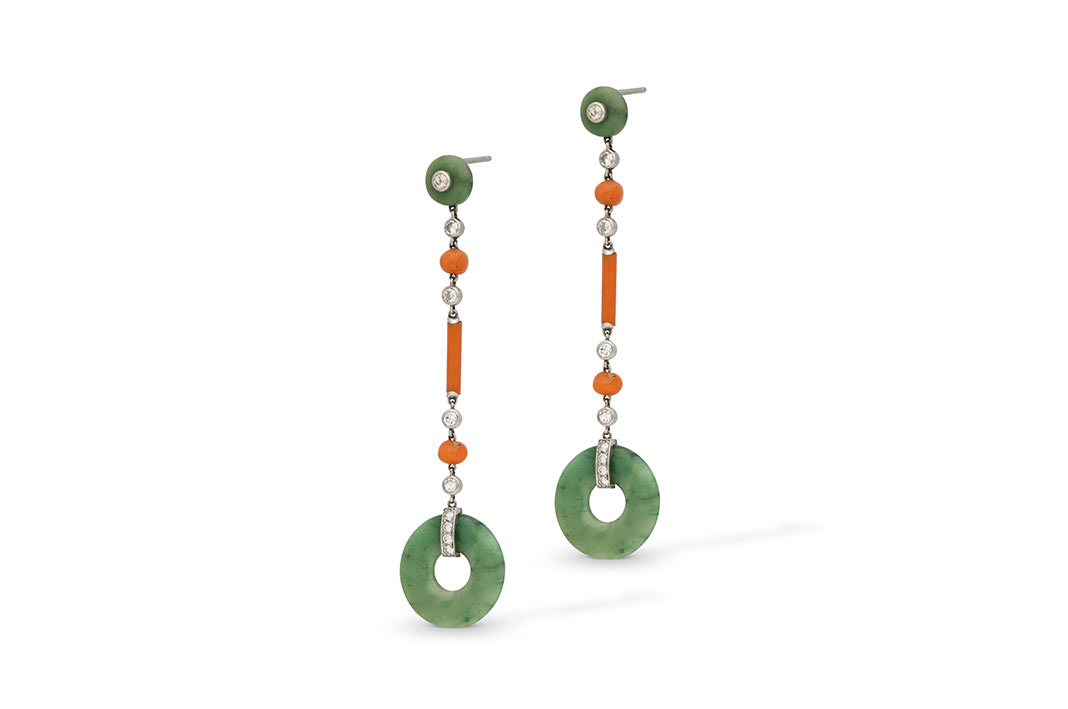 Art-Deco-earrings-copyright-Hancocks-London-home Orecchini stile Art Decò realizzati da Lorenzo Marzo in giada, corallo e diamanti