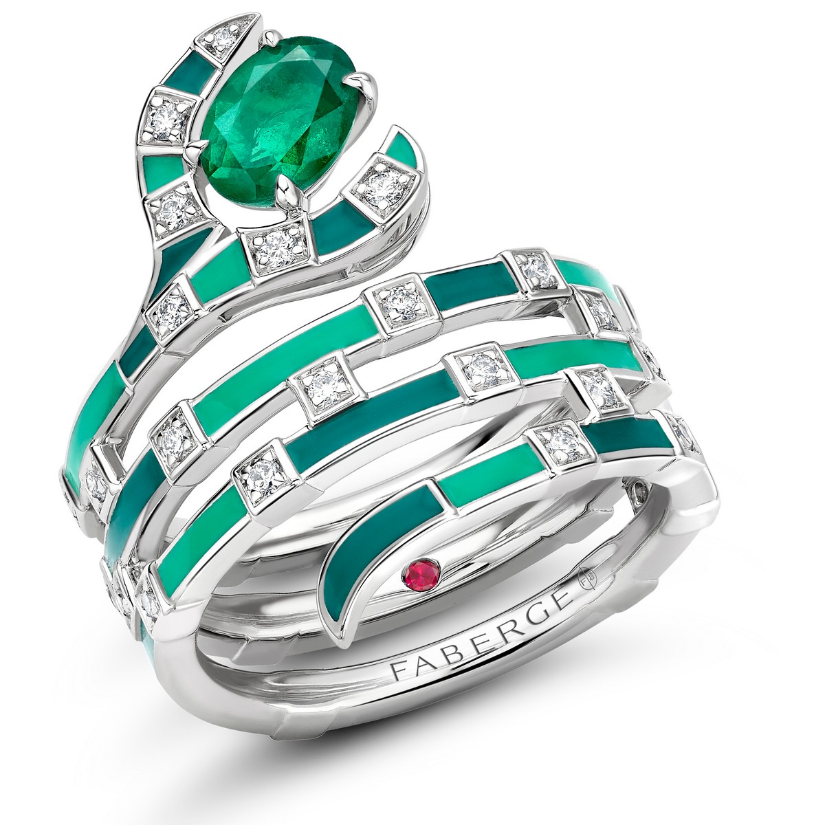 Fabergé x Beetlejuice®. Anello aspirale a serpente, in oro bianco, impreziosito da diamanti, rubini e smeraldi.