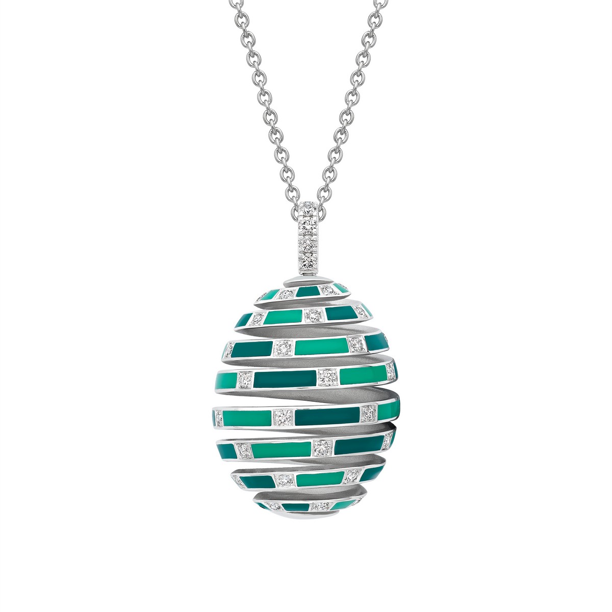Collana con uovo Fabergé x Beetlejuice® pendente, con motivo aspirale, in oro bianco, in smalto UV verde, circondato da diamanti