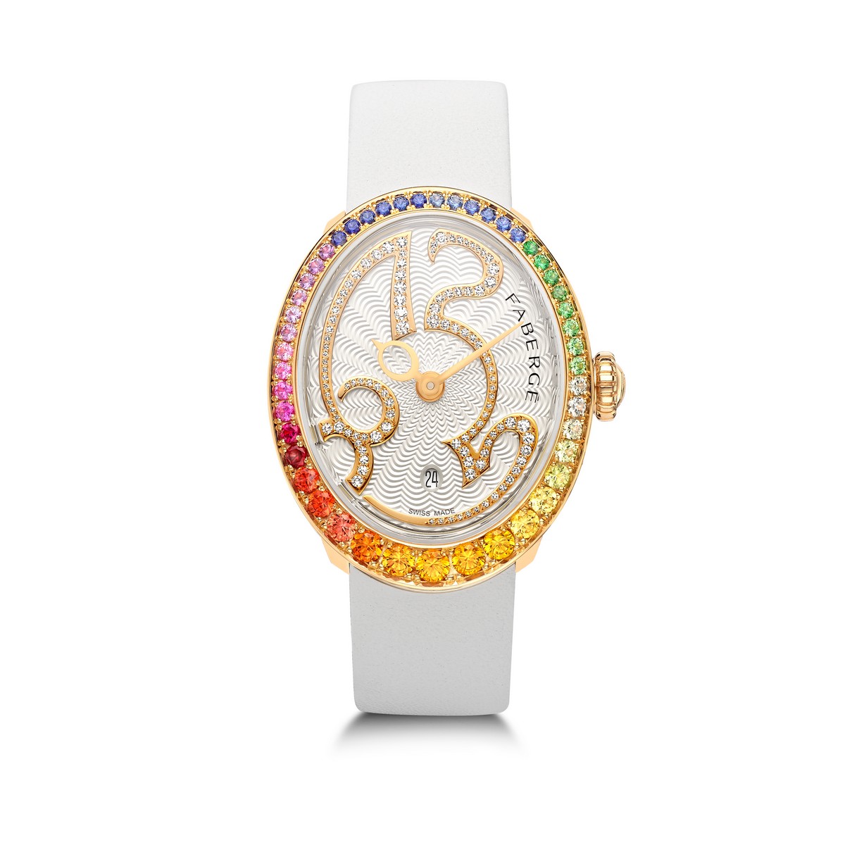 Colours of Love Eggsistence, orologio in oro rosa 18 carati con 4 rubini da 0.08 carati, 31 zaffiri misti da 1,32 carati, 14 gemme semipreziose (4 ametiste, 2 peridoto, 8 tsavoriti) da 0,26 carati e cinturino in pelle