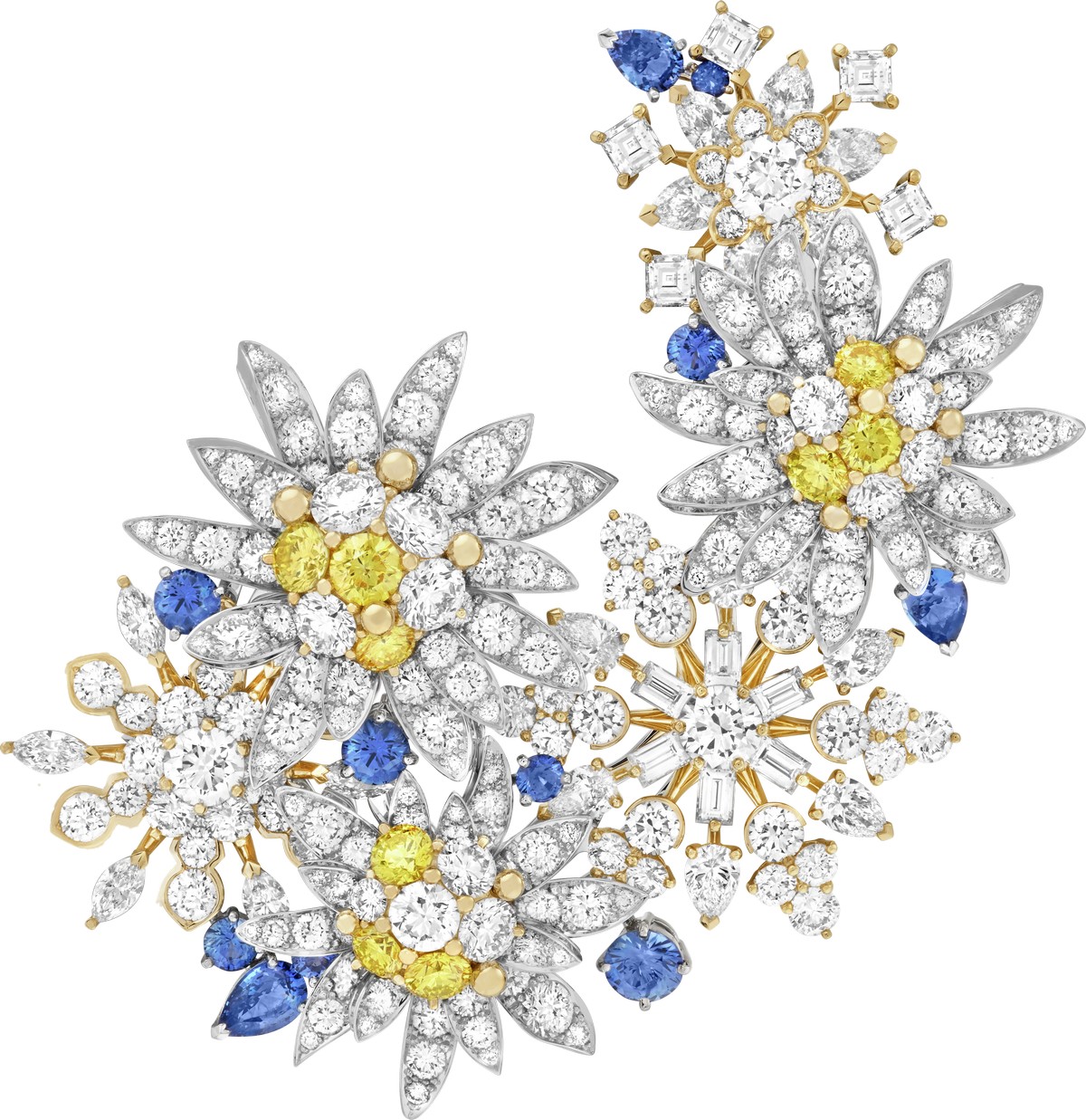 Spilla Étoile des glaciers. Oro bianco, oro giallo, zaffiri, diamanti gialli e bianchi