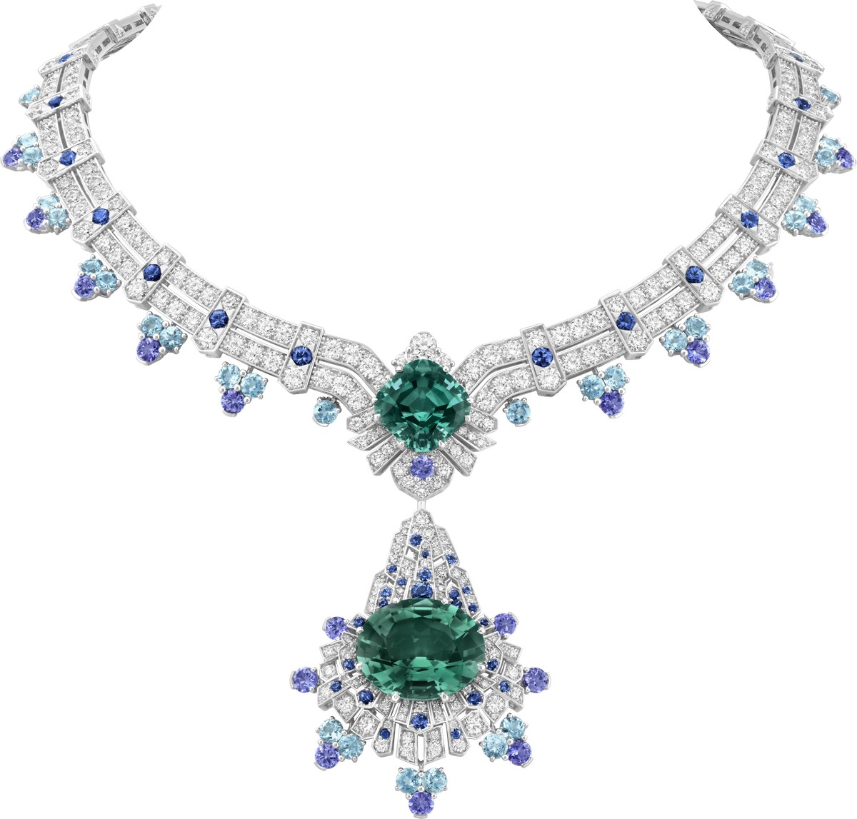 Collana Regina Montium con ciondolo smontabile. Oro bianco, una tormalina blu-verde taglio ovale di 27,70 carati, una tormalina blu-verde taglio cuscino di 16,26 carati, zaffiri, acquamarine, tanzaniti, diamanti
