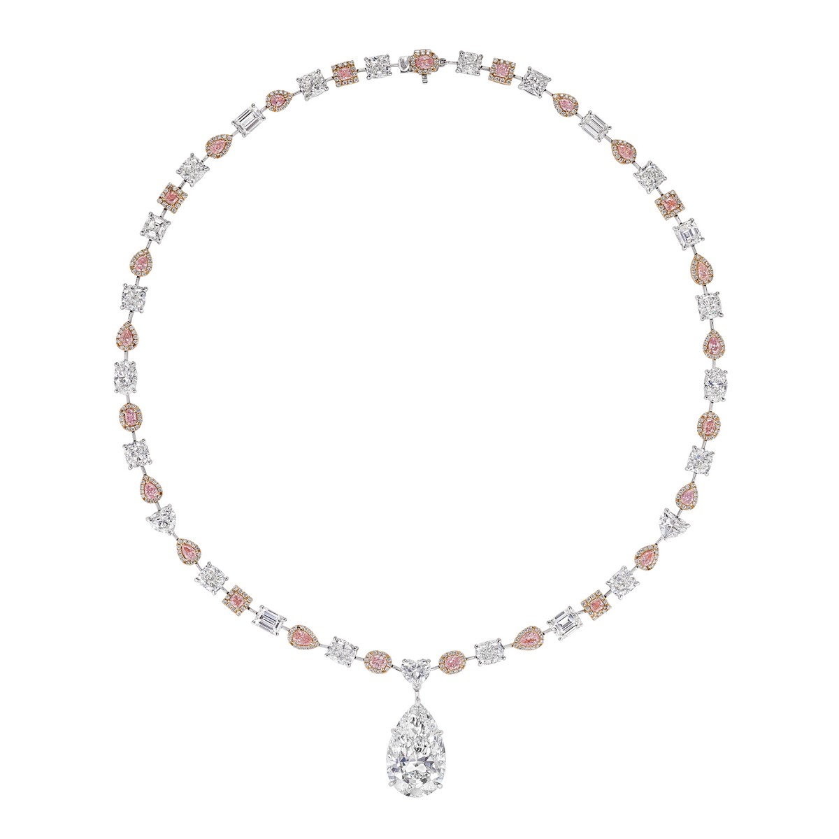The Dorian, pietra centrale taglio goccia da 40 carati, abbinata a diamanti rosa ed incolori taglio fancy, incastonati in oro bianco 18ct