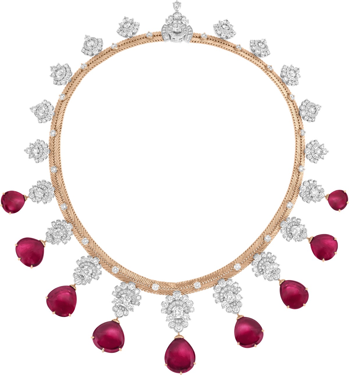 Collana Villanova con pendenti smontabili, realizzati in oro bianco, oro rosa, 9 rubelliti cabochon per un totale di 110,04 carati, diamanti