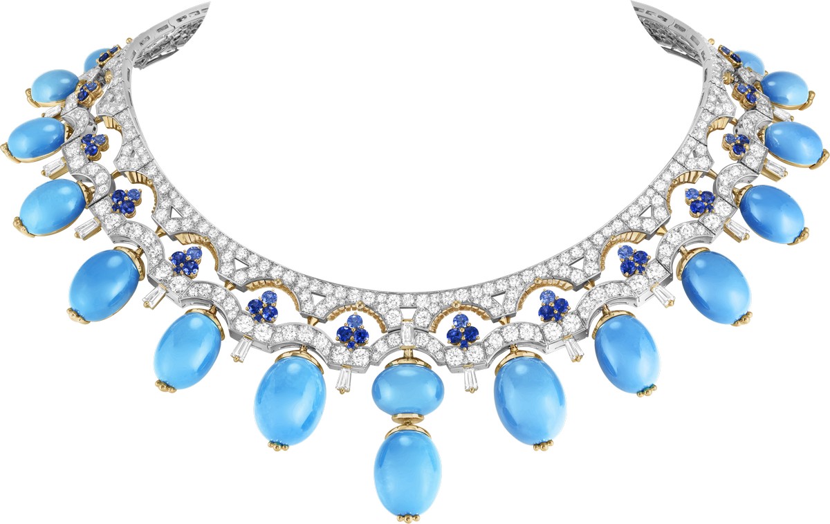 Collana Chant des gondoliers, realizzata in ro bianco, oro giallo, con zaffiri, turchesi e diamanti