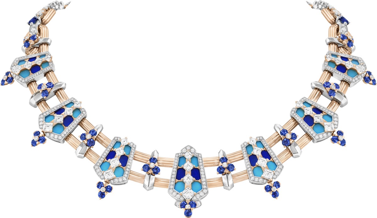 Collana Reine de l’Adriatique e con motivi intercambiabili, realizzata in oro bianco, oro rosa, uno zaffiro taglio ovale di 9,40 carati (Birmania), zaffiri, lapislazzuli, turchesi, diamanti