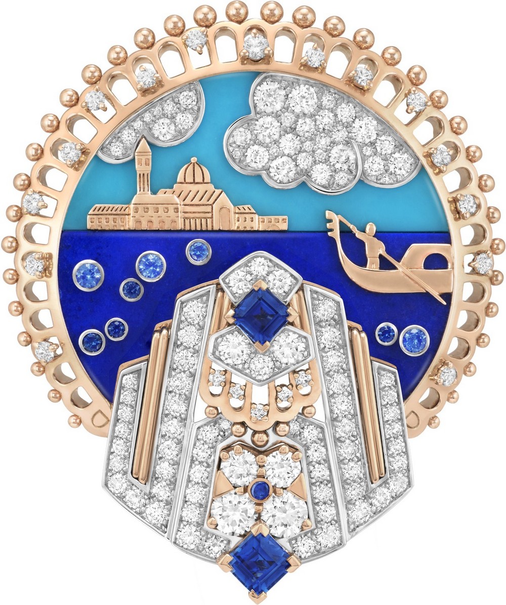 Fermaglio Reine de l’Adriatique e con motivi intercambiabili, realizzati in oro bianco, oro rosa, uno zaffiro taglio ovale di 9,40 carati (Birmania), zaffiri, lapislazzuli, turchesi, diamanti