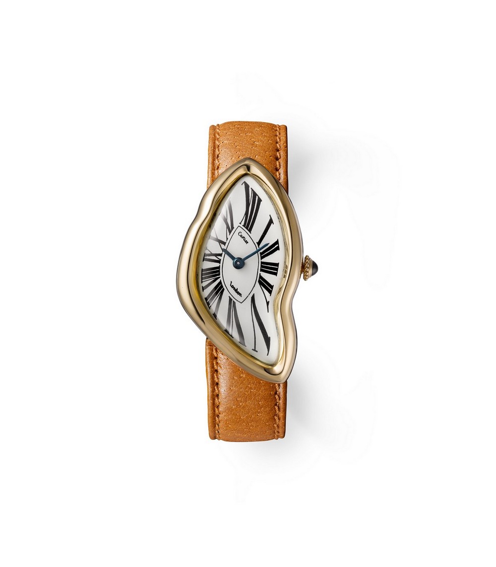 Orologio da polso Cartier London del 1967 in zaffiri, oro, acciaio brunito e cinturino di pelle