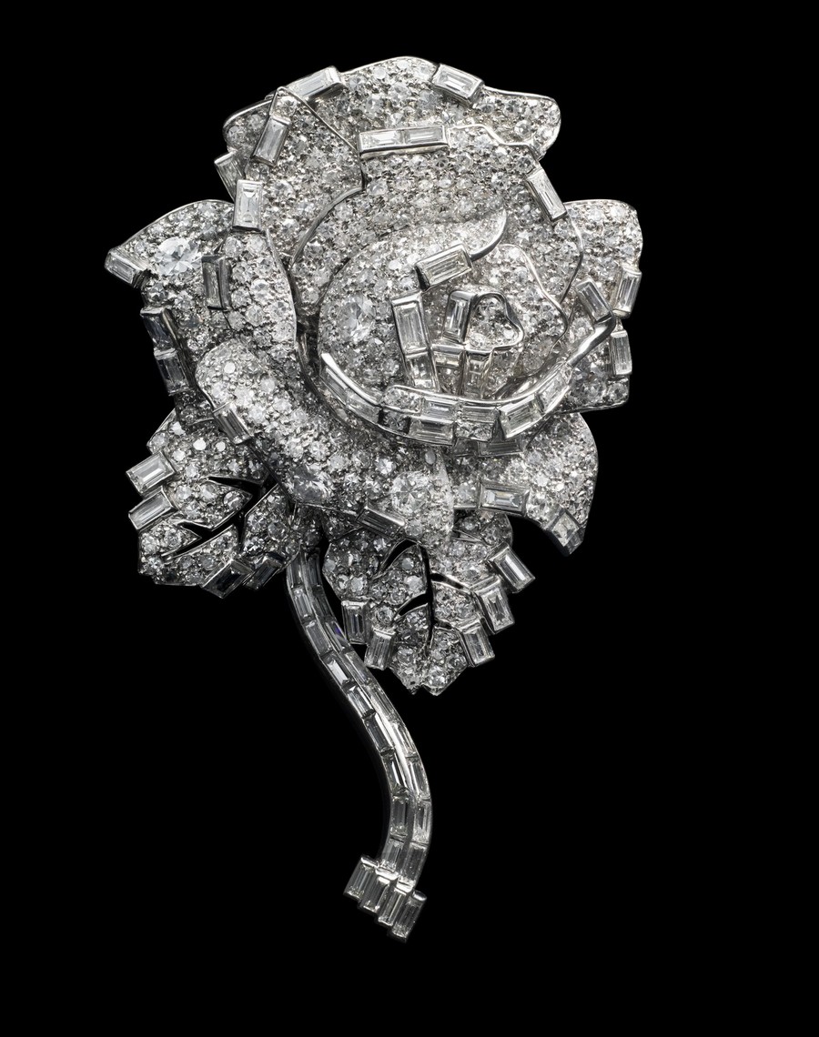 Spilla a forma di rosa Cartier London del 1938, in diamanti e platino