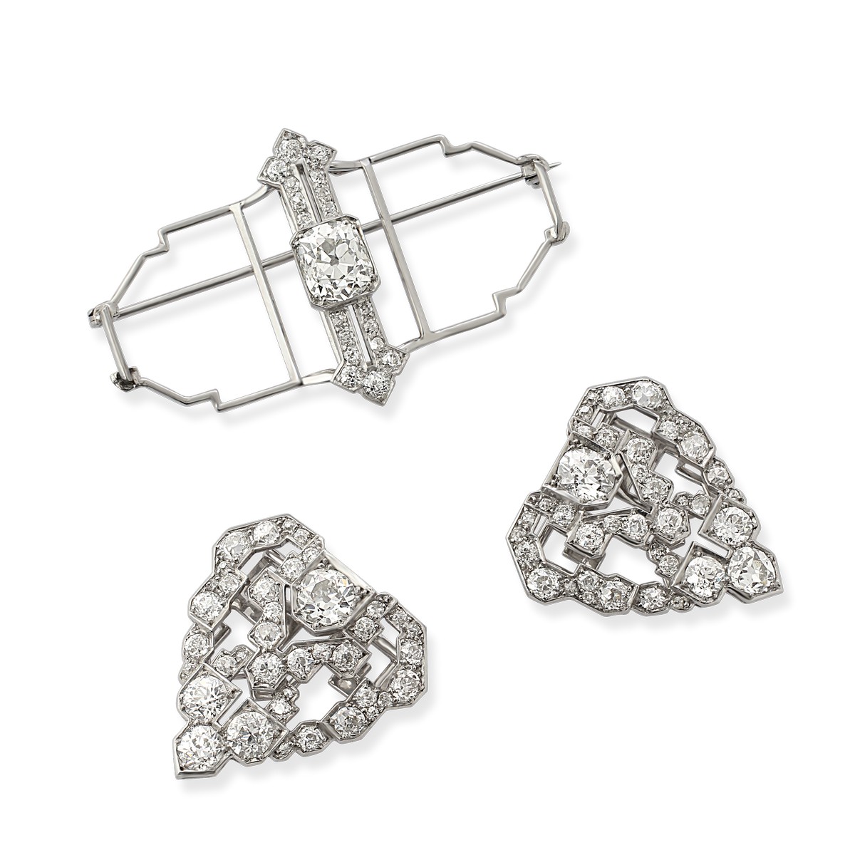 Fermagli da bavero in stile Art Déco convertibili in spille, realizzati in platino e diamanti