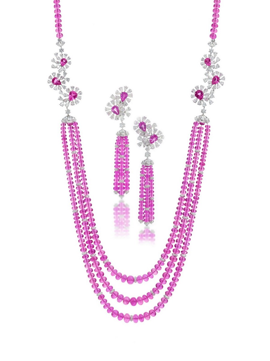 Set di collana e orecchini di Chopard in oro 18 kt con zaffiri rosa e diamanti