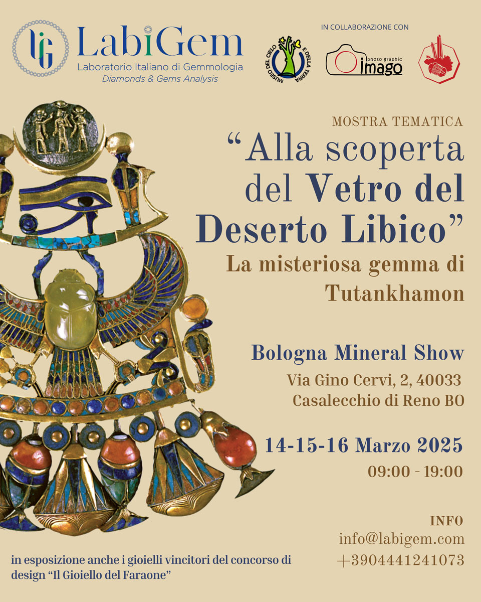 Locandina della mostra “Alla scoperta del vetro del deserto libico: la misteriosa gemma di Tutankhamon”