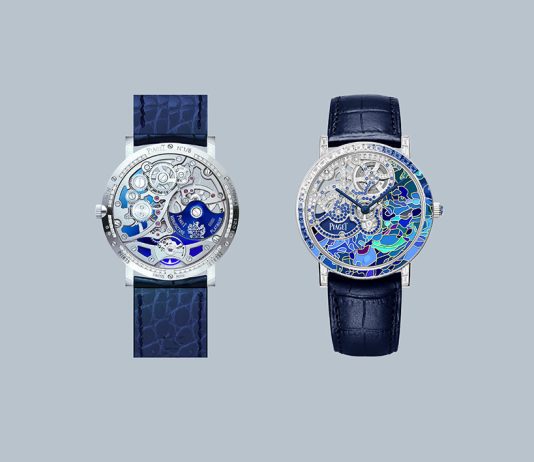 Altiplano Skeleton High Jewelry Métiers d’Art, l’orologio Piaget realizzato in soli otto esemplari Orologio Piaget Altiplano, decorato con smalto cloisonné in tonalità blu. La cassa è impreziosita da diamanti, mentre il cinturino in pelle blu completa il design elegante