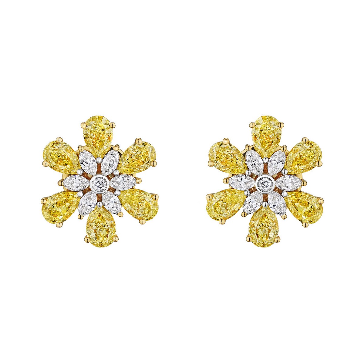 Orecchini “Sunlit Blossom”, in oro bianco 14kt, con diamanti gialli taglio goccia e diamanti bianchi taglio goccia e taglio rotondo