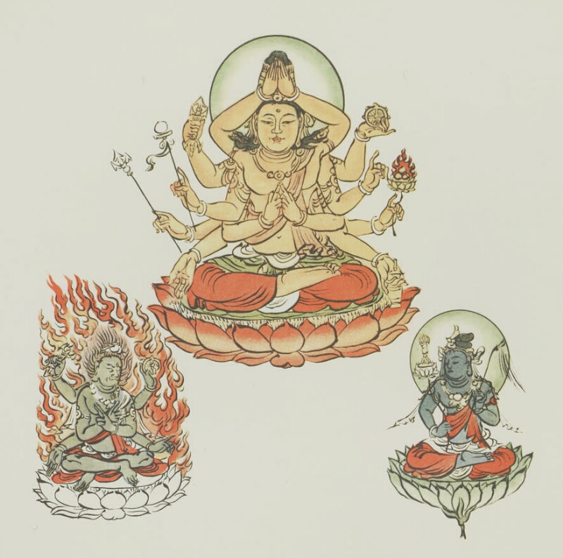 La dea Nyoirin Kannon (al centro) con l’Hoju in fiamme in una mano
