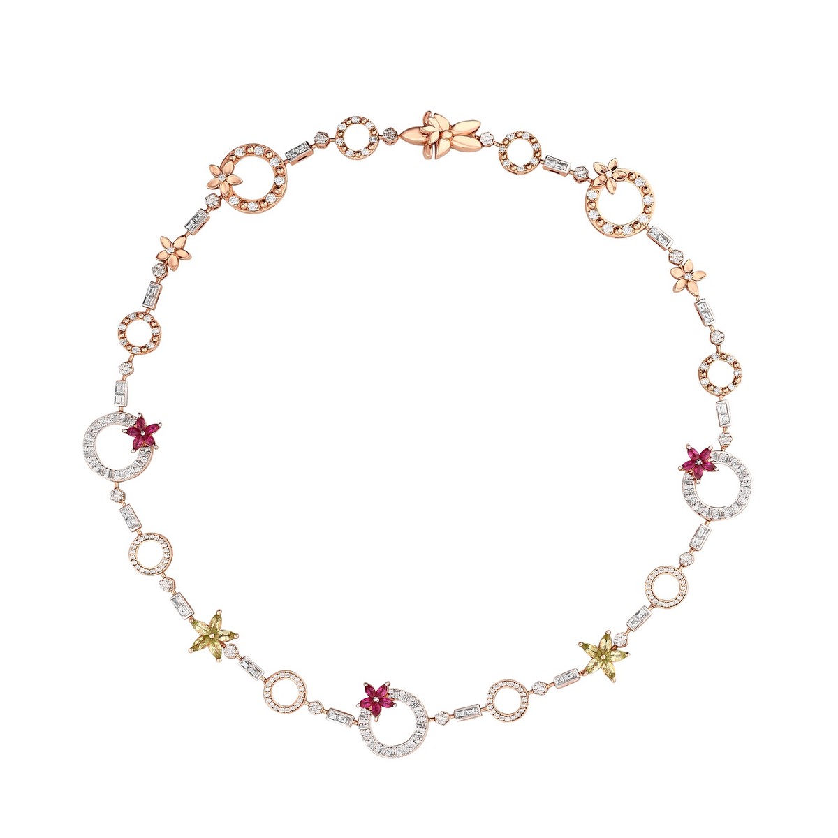 Collana Apple Seed in oro rosa 18kt. Un gioiello di luce e vitalità, con diamanti G-VS-SI per 3,49 ct, rubino da 1,36 ct e peridoto da 1,59 ct.
