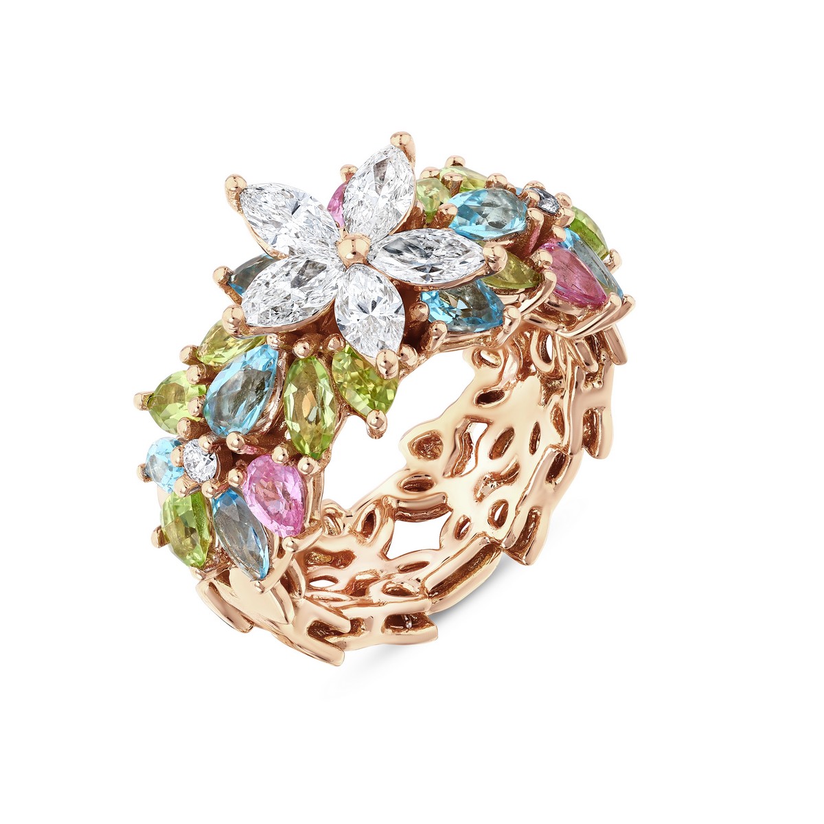 Anello Apple Seed in oro rosa 18kt, con diamante G-VS-SI da 1,11 ct, peridoto da 0,96 ct, zaffiro rosa da 0,57 ct e topazio blu da 2,13 ct.