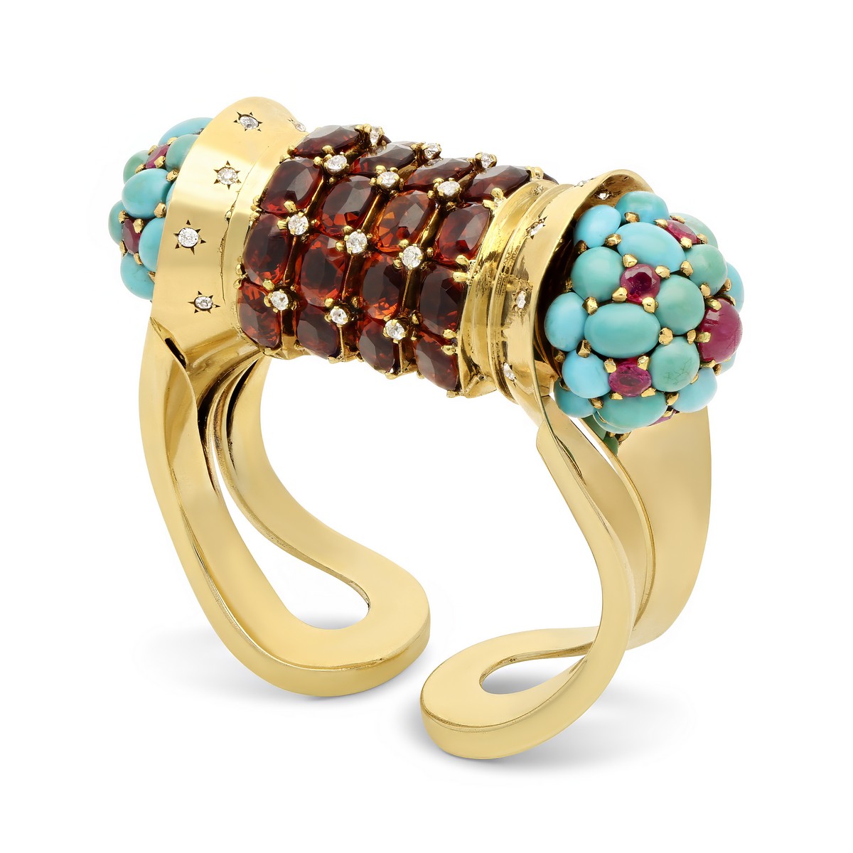 Bracciale rigido “Rouleau” in oro giallo 18kt con citrini, diamanti, rubini e turchesi. John Rubel, circa 1945