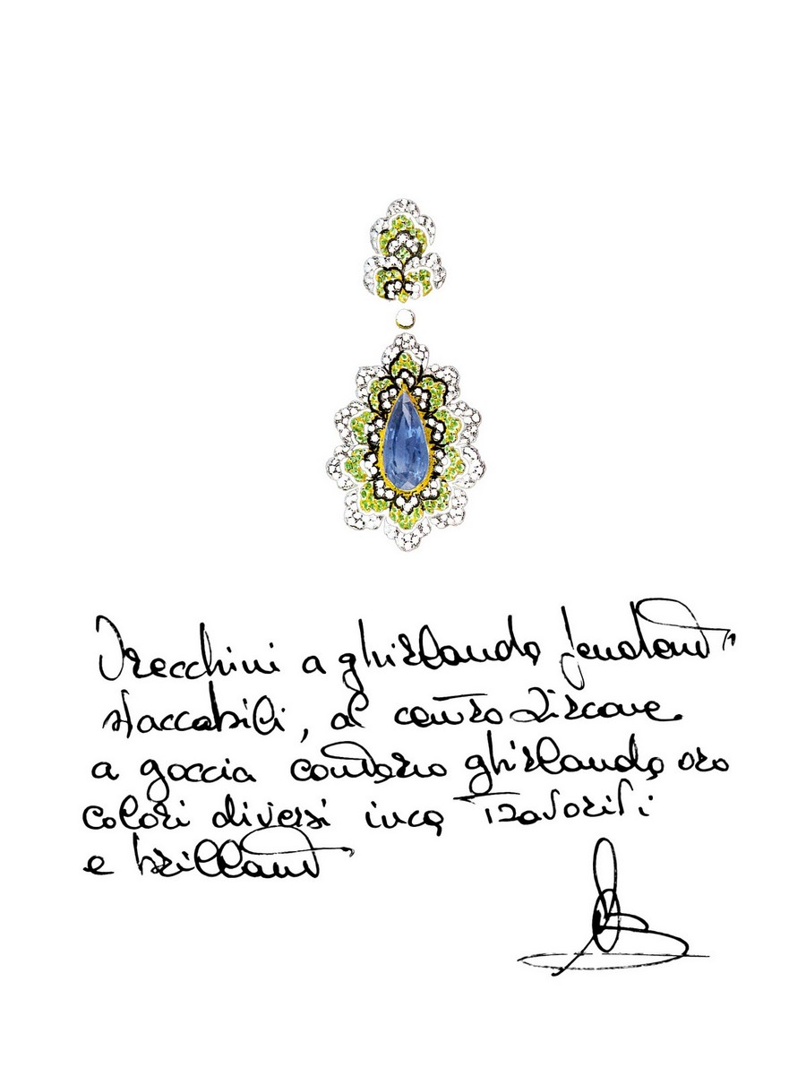 Sketch di Andrea Buccellati che raffigura un orecchino pendente della collezione “Il Giardino di Buccellati”, 2019