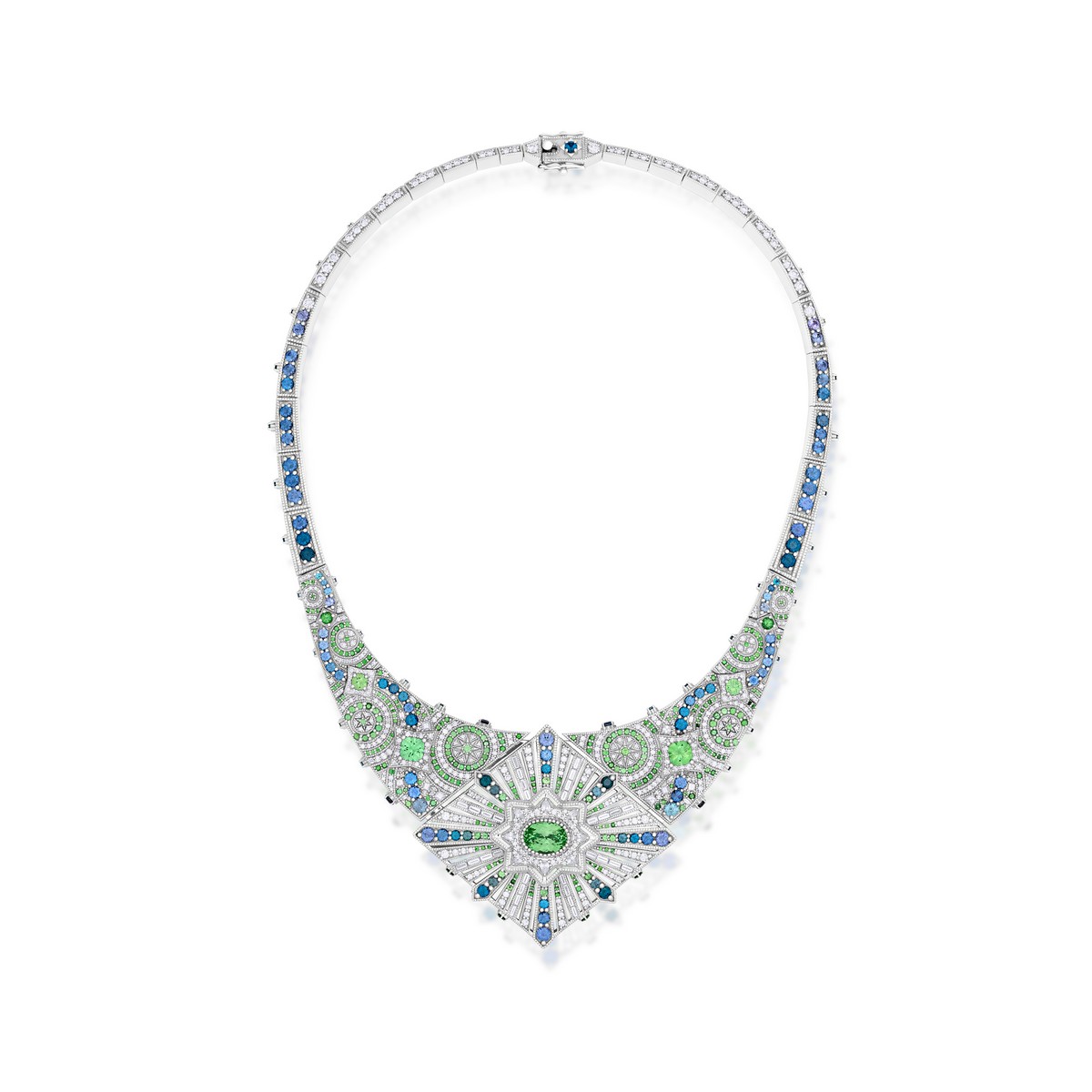 Collana “Garnet Supernova” con tsavorite, diamanti e granati cangianti dal verde al blu-violetto
