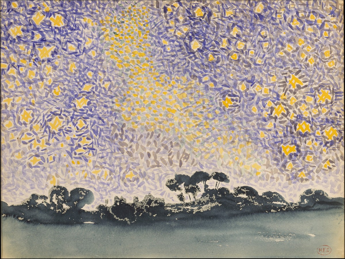 Henri-Edmond Cross, Landscape with Stars (dettaglio), ca. 1905–1908. La frammentazione puntiforme che caratterizza molti tratti dell’avanguardia del Novecento può essere apparentata al fenomeno ottico del colore di interferenza. 